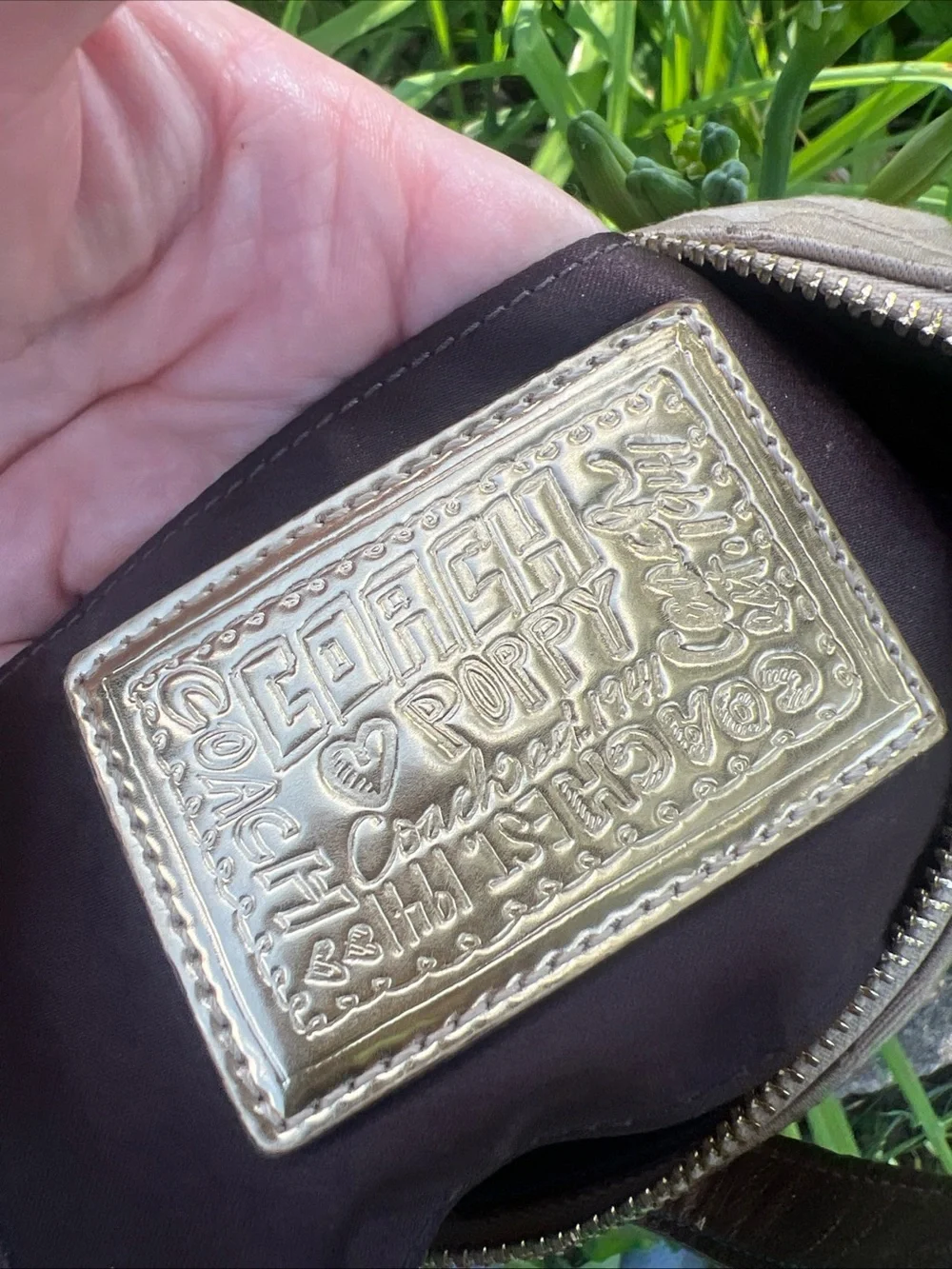 Coach Beige and Brown Signature Mini Shoulder Bag with Gold Hardware
